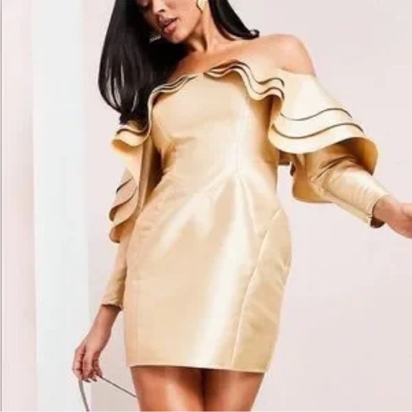 ASOS Off-Shoulder Gold Mini Dress US Size 6 - Picture 2 of 13